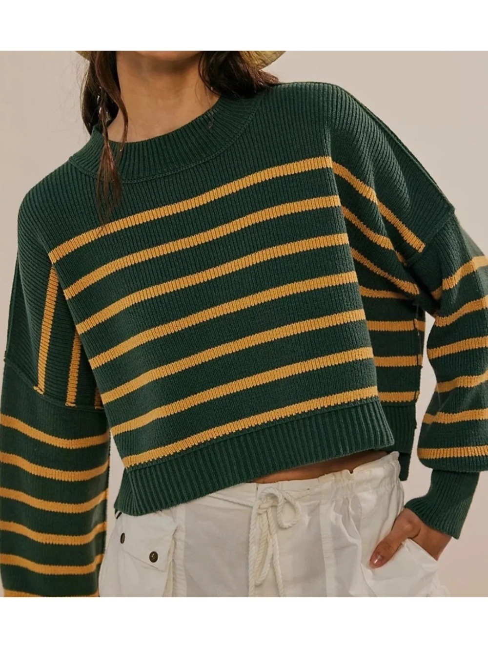 FREE PEOPLE easy street stipe crop pullover sweater in hunter green combo - Picture 2 of 12